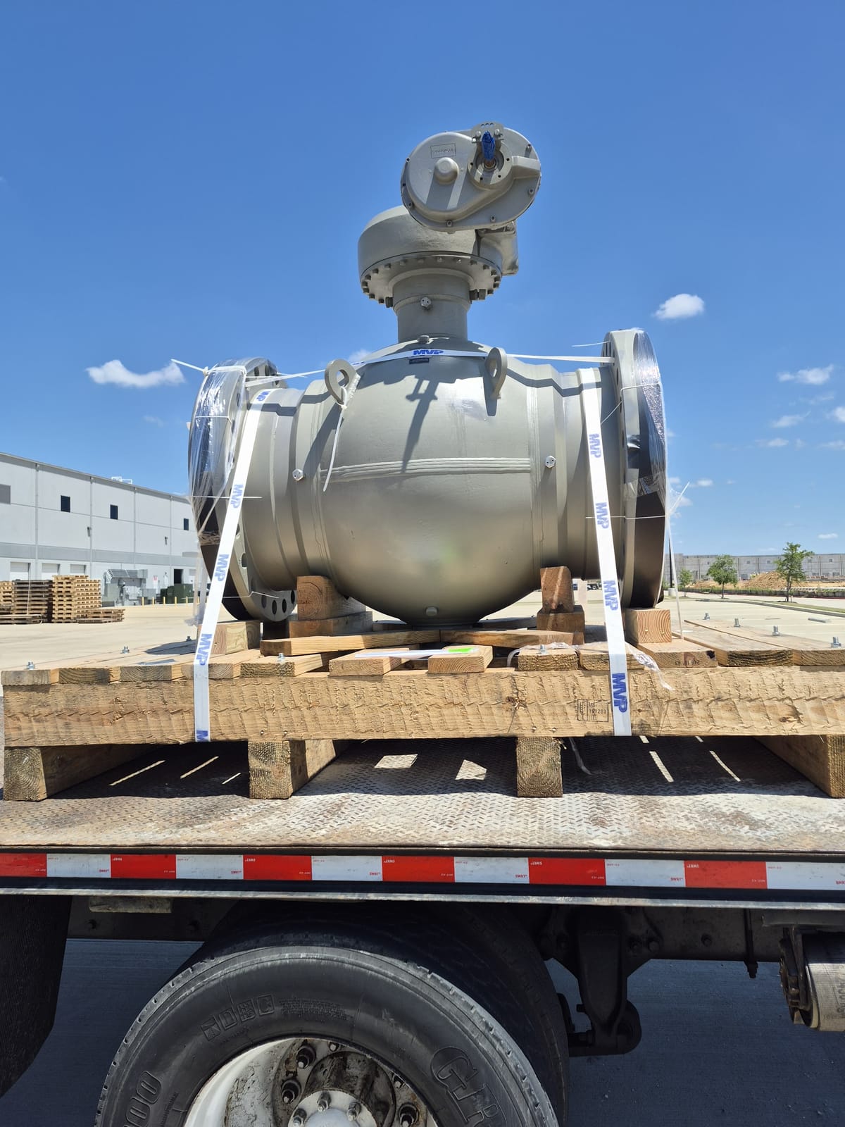 Large valve on a flatbed trailer