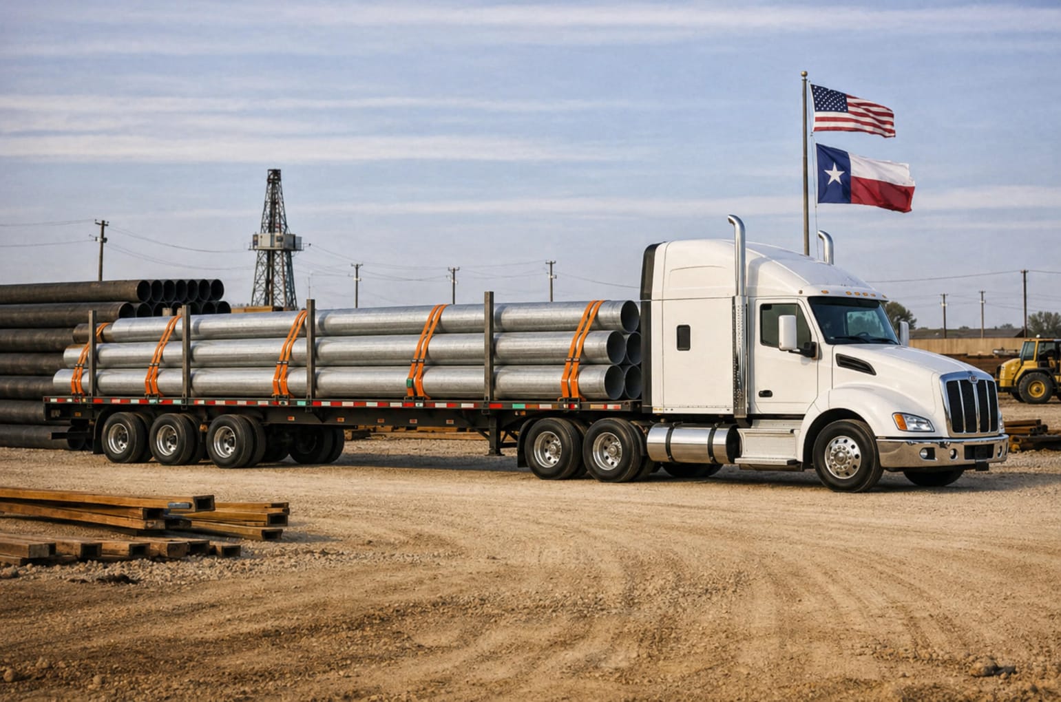 Flatbed truck hauling large pipe sections