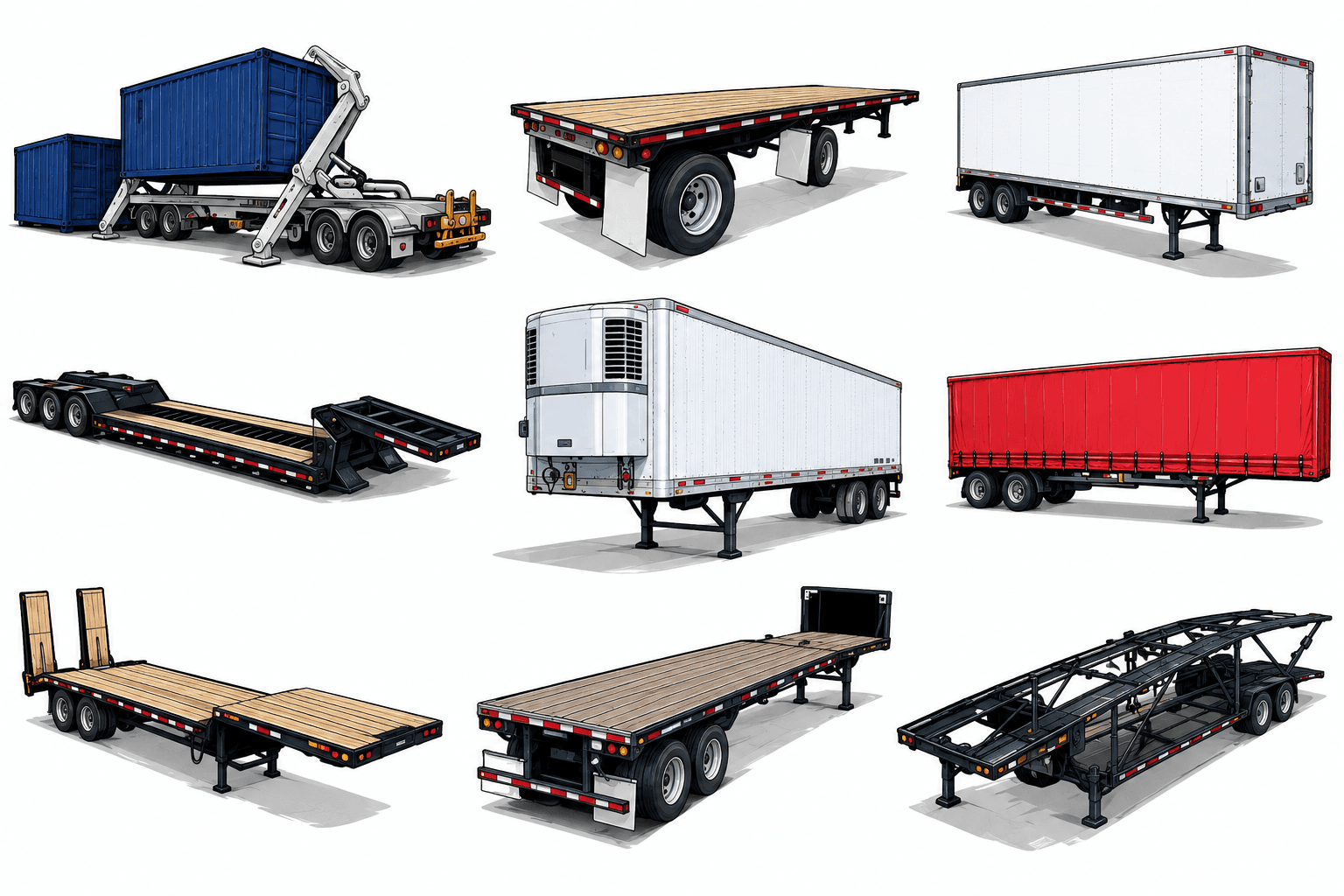 Illustration of trailer types HMH hauls: container chassis, flatbed, dry van, lowboy, reefer, curtain-side, and car hauler