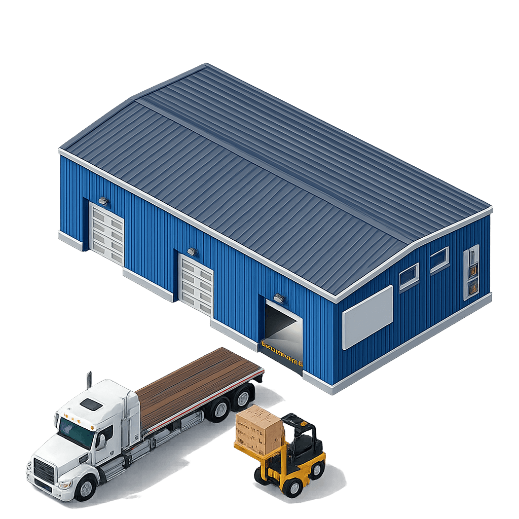Illustration of a warehouse and delivery truck
